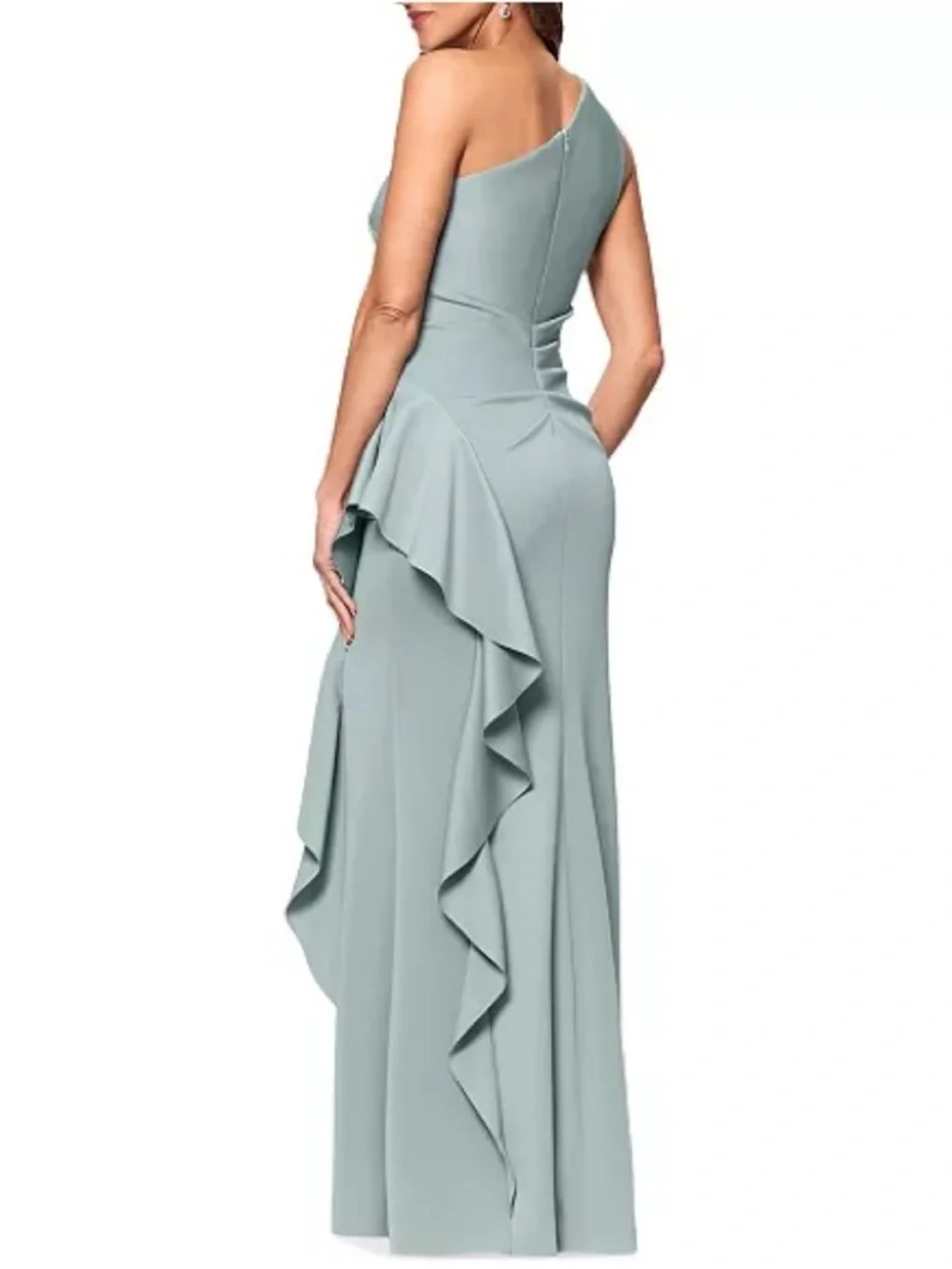 New Xscape Ruffled One Shoulder Scuba Gown Maxi Dress Sage Sz 14